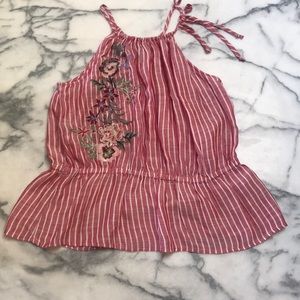 Red striped peplum top by Susina with embroidery